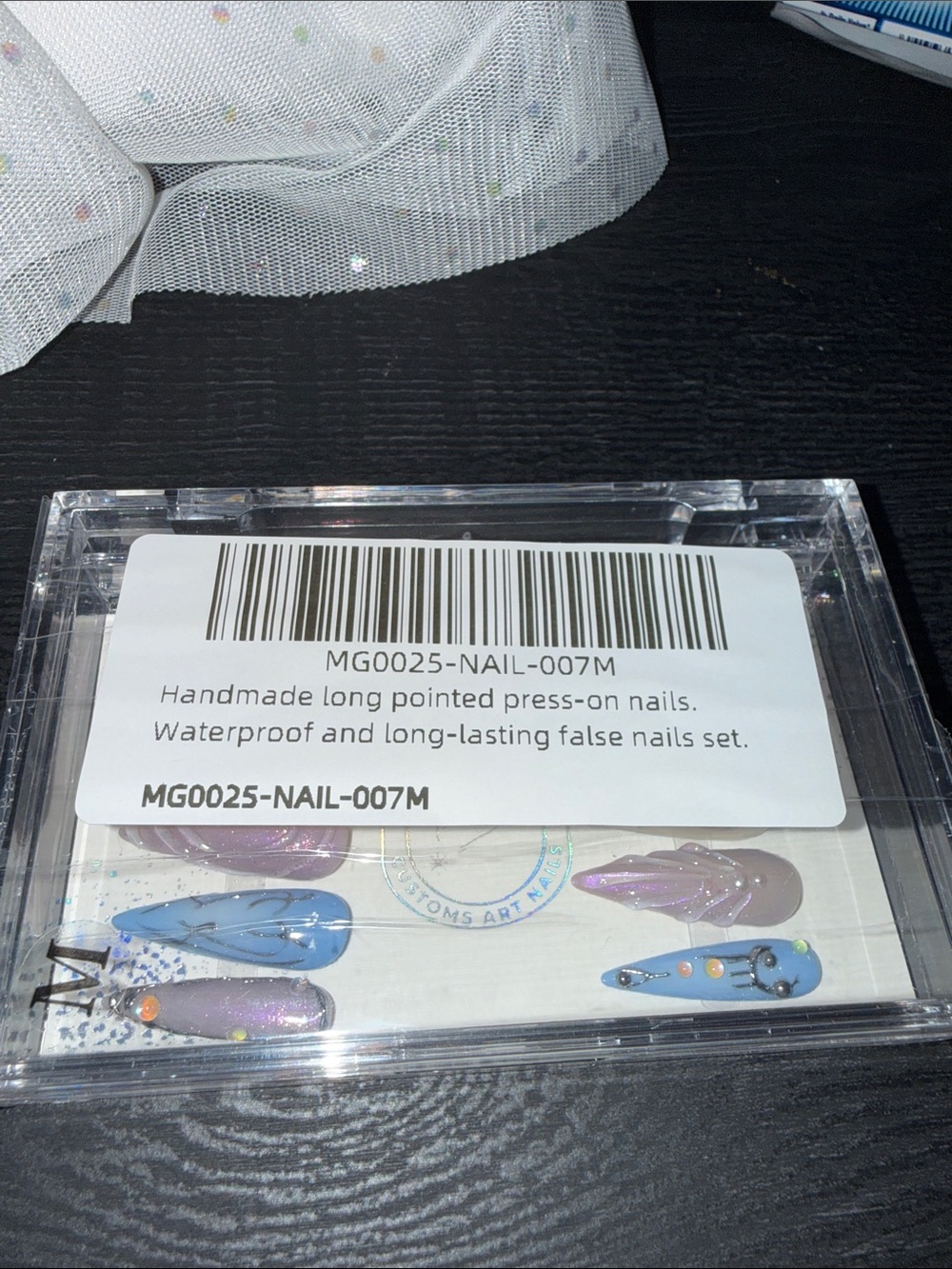 Handmade Long Pointed Press-On Nails - Blue & Lavender Accents